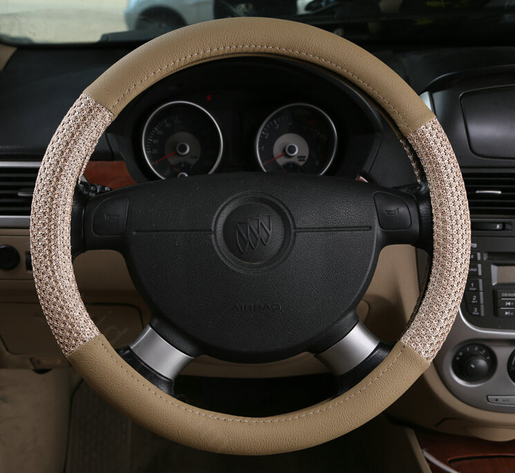 Inexpensive Car Steering Wheel Covers Ice Silk PU Leather 15 Inch 38CM - Beige