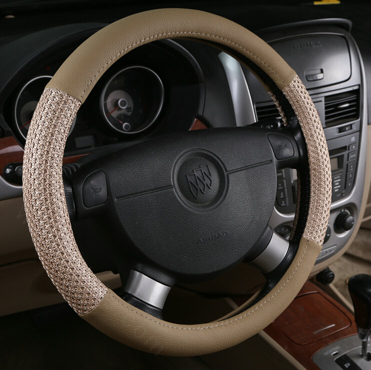 Inexpensive Car Steering Wheel Covers Ice Silk PU Leather 15 Inch 38CM - Beige