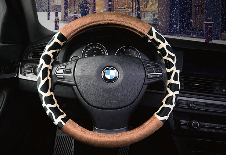 Lovely Leopard Print Auto Steering Wheel Wrap Velvet 15 Inch 38CM - Beige