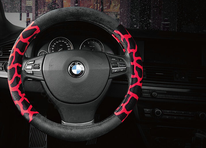 Lovely Leopard Print Auto Steering Wheel Wrap Velvet 15 Inch 38CM - Red