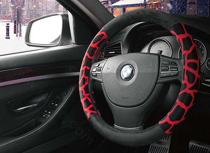 Lovely Leopard Print Auto Steering Wheel Wrap Velvet 15 Inch 38CM - Red