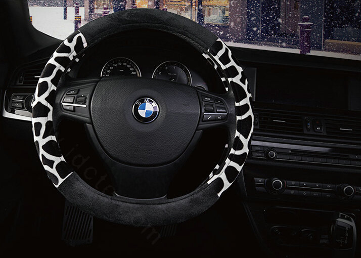 Lovely Leopard Print Auto Steering Wheel Wrap Velvet 15 Inch 38CM - White