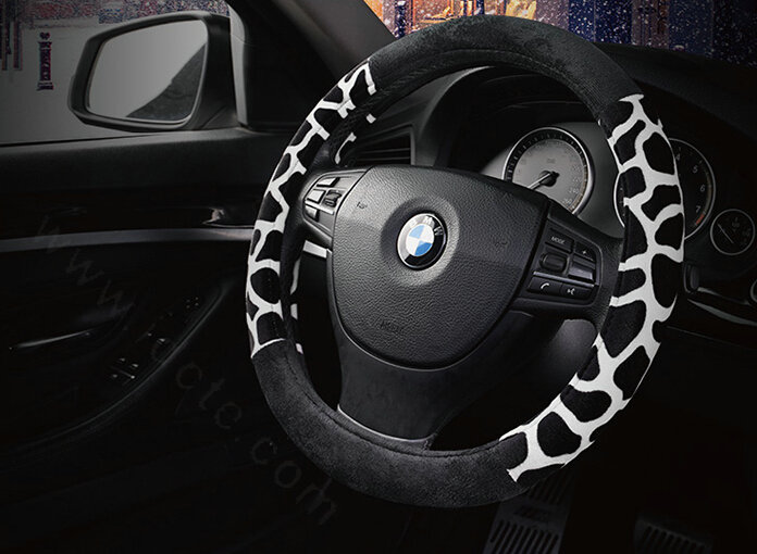 Lovely Leopard Print Auto Steering Wheel Wrap Velvet 15 Inch 38CM - White