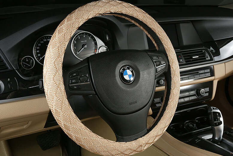 Lozenge Pattern Car Steering Wheel Covers Ice Silk 15 Inch 38CM - Beige