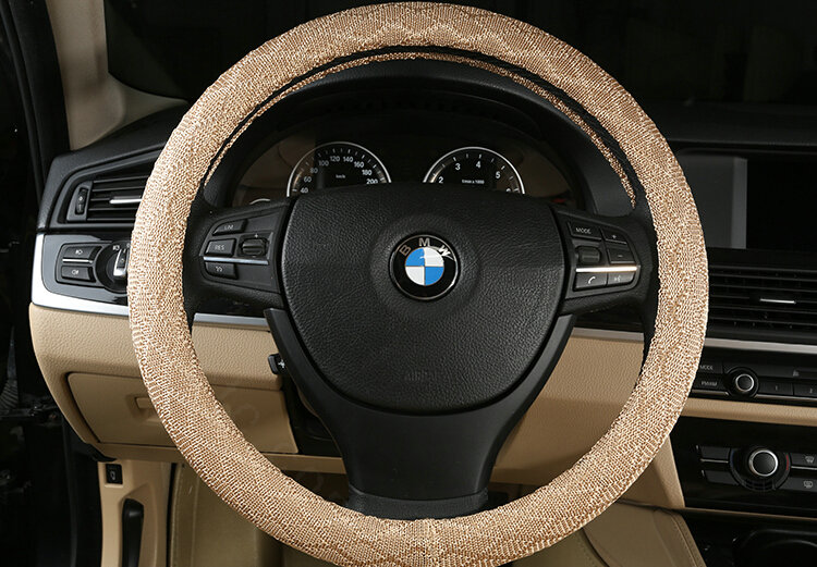 Lozenge Pattern Car Steering Wheel Covers Ice Silk 15 Inch 38CM - Beige