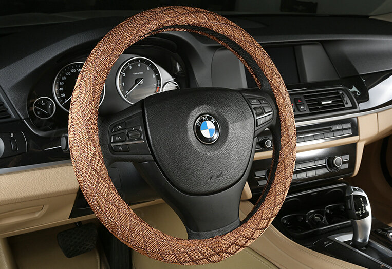 Lozenge Pattern Car Steering Wheel Covers Ice Silk 15 Inch 38CM - Brown