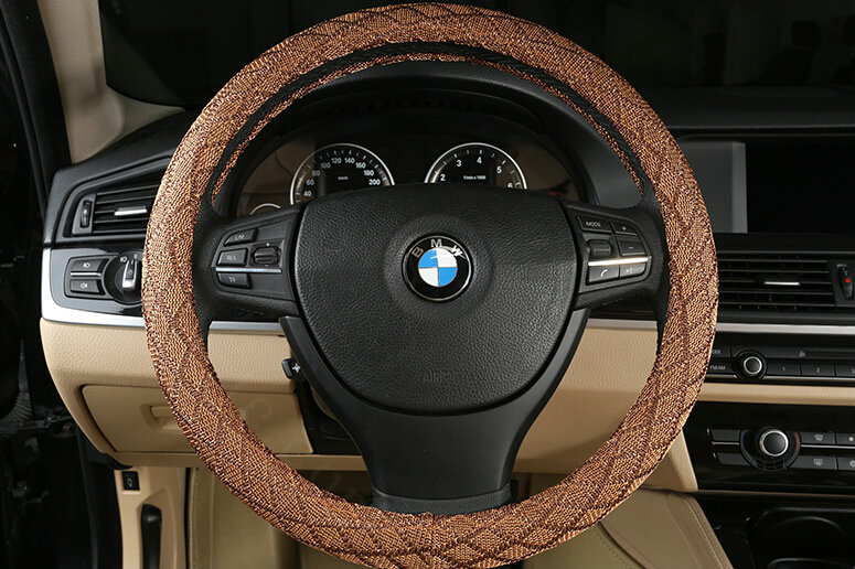 Lozenge Pattern Car Steering Wheel Covers Ice Silk 15 Inch 38CM - Brown