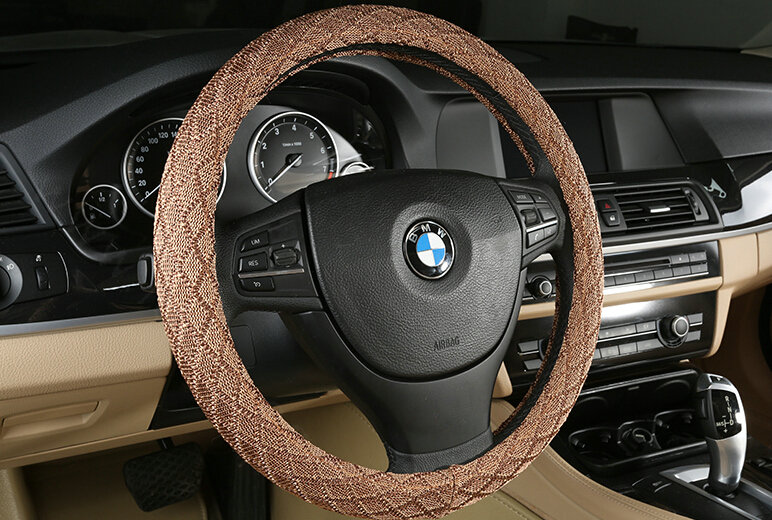 Lozenge Pattern Car Steering Wheel Covers Ice Silk 15 Inch 38CM - Coffee