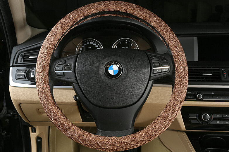 Lozenge Pattern Car Steering Wheel Covers Ice Silk 15 Inch 38CM - Coffee