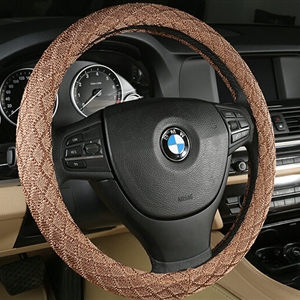 Lozenge Pattern Car Steering Wheel Covers Ice Silk 15 Inch 38CM - Coffee