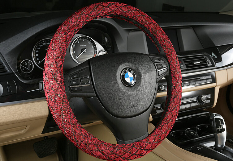 Lozenge Pattern Car Steering Wheel Covers Ice Silk 15 Inch 38CM - Red