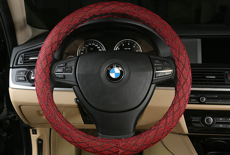Lozenge Pattern Car Steering Wheel Covers Ice Silk 15 Inch 38CM - Red