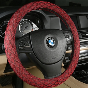 Lozenge Pattern Car Steering Wheel Covers Ice Silk 15 Inch 38CM - Red
