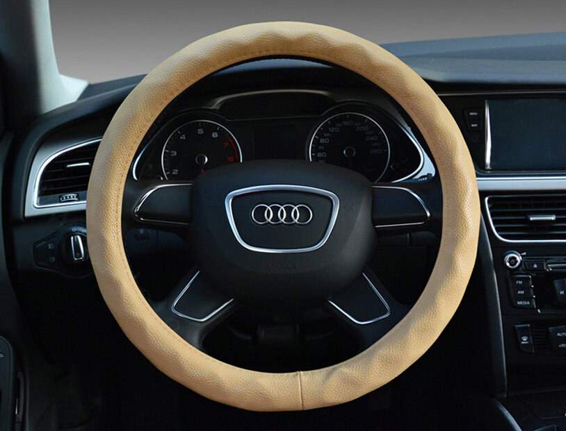 Lozenge Pattern Car Steering Wheel Covers Sheepskin Leather 15 Inch 38CM - Beige