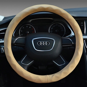 Lozenge Pattern Car Steering Wheel Covers Sheepskin Leather 15 Inch 38CM - Beige