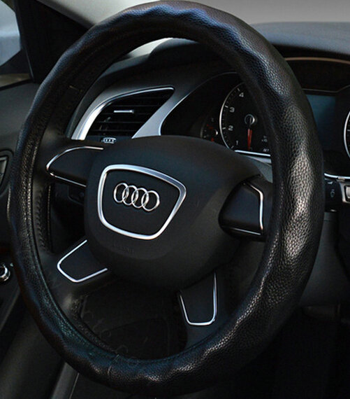 Lozenge Pattern Car Steering Wheel Covers Sheepskin Leather 15 Inch 38CM - Black