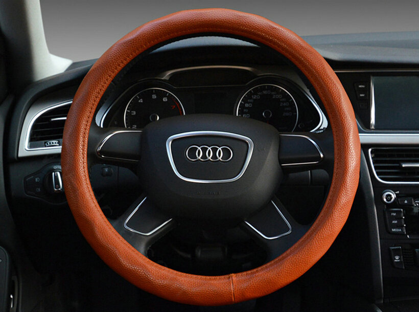 Lozenge Pattern Car Steering Wheel Covers Sheepskin Leather 15 Inch 38CM - Brown