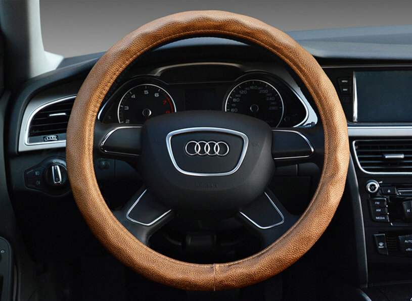 Lozenge Pattern Car Steering Wheel Covers Sheepskin Leather 15 Inch 38CM - Gold