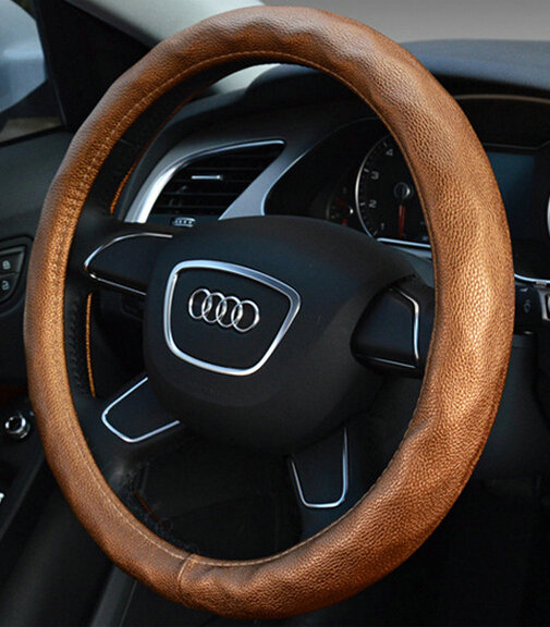 Lozenge Pattern Car Steering Wheel Covers Sheepskin Leather 15 Inch 38CM - Gold