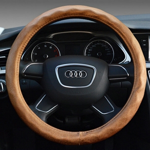 Lozenge Pattern Car Steering Wheel Covers Sheepskin Leather 15 Inch 38CM - Gold