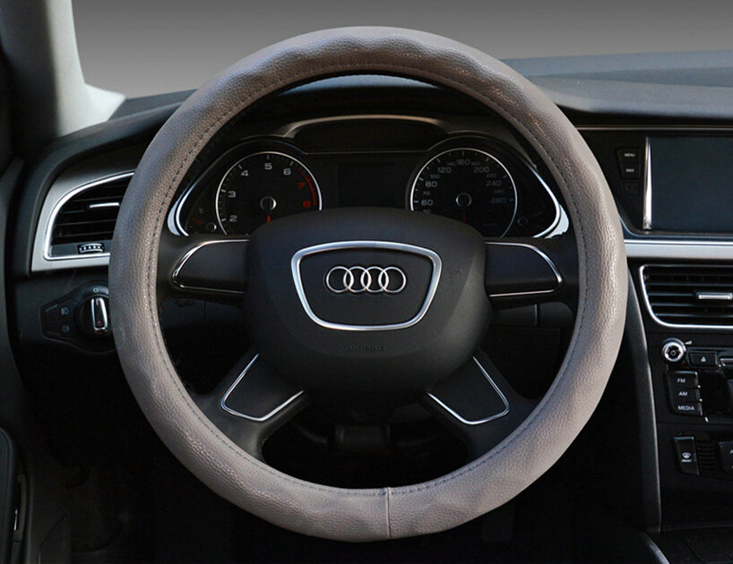 Lozenge Pattern Car Steering Wheel Covers Sheepskin Leather 15 Inch 38CM - Grey