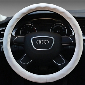 Lozenge Pattern Car Steering Wheel Covers Sheepskin Leather 15 Inch 38CM - White