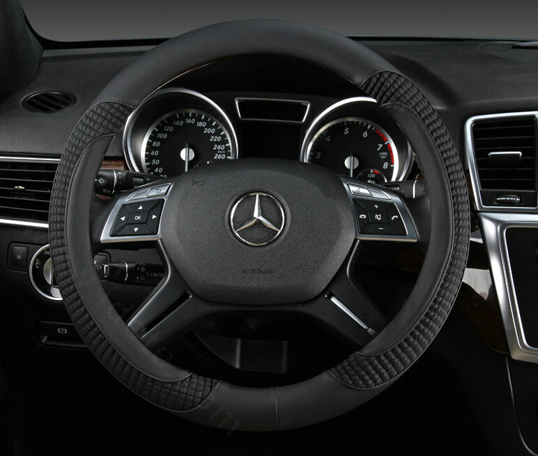 Luxury Auto Steering Wheel Wrap Sheepskin Leather 15 Inch 38CM - Black