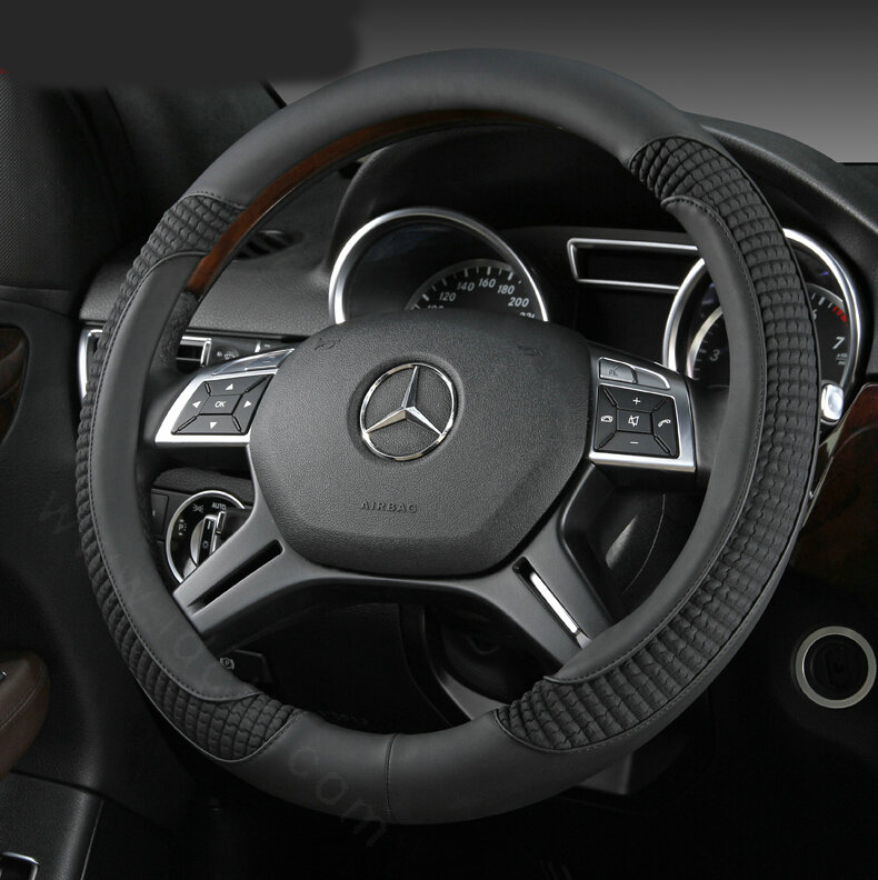 Luxury Auto Steering Wheel Wrap Sheepskin Leather 15 Inch 38CM - Black