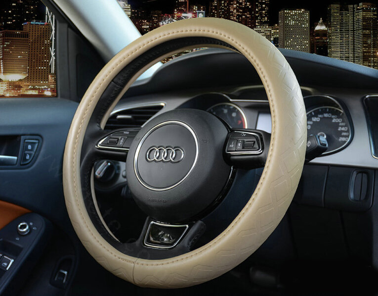 Luxury Car Steering Wheel Covers Cow Genuine Leather 15 Inch 38CM - Beige