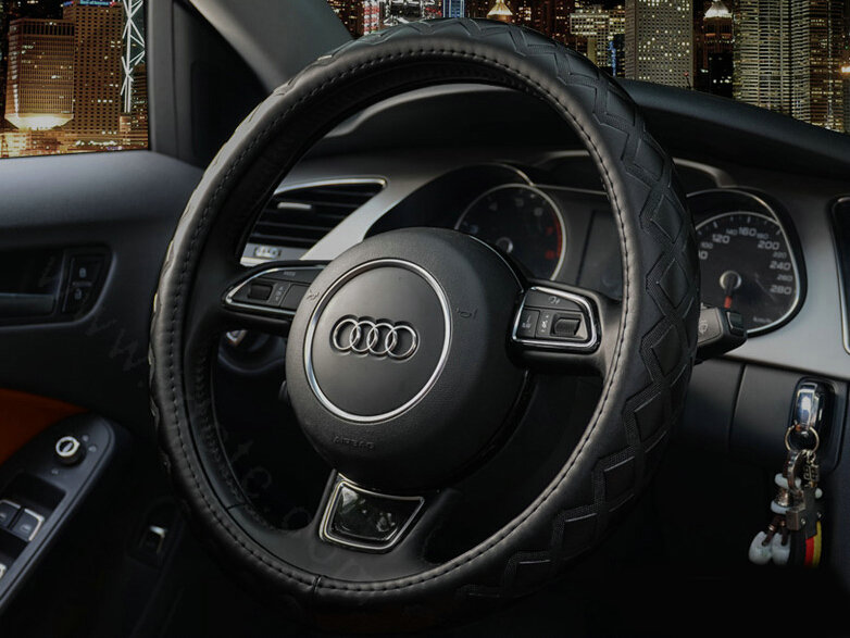 Luxury Car Steering Wheel Covers Cow Genuine Leather 15 Inch 38CM - Black