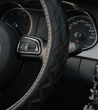 Luxury Car Steering Wheel Covers Cow Genuine Leather 15 Inch 38CM - Black