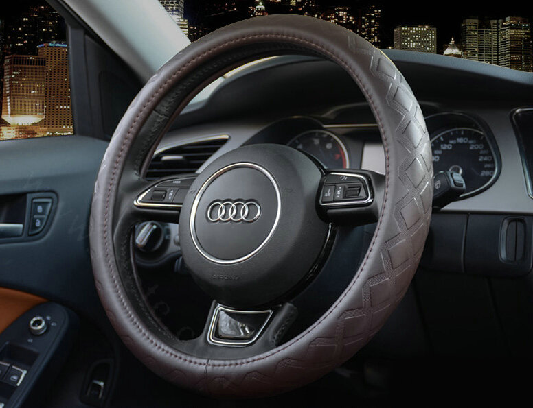 Luxury Car Steering Wheel Covers Cow Genuine Leather 15 Inch 38CM - Brown