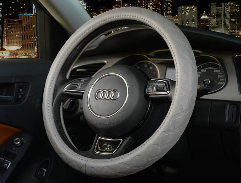 Luxury Car Steering Wheel Covers Cow Genuine Leather 15 Inch 38CM - Grey