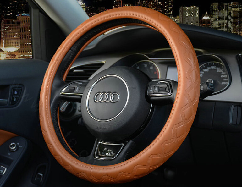 Luxury Car Steering Wheel Covers Cow Genuine Leather 15 Inch 38CM - Orange