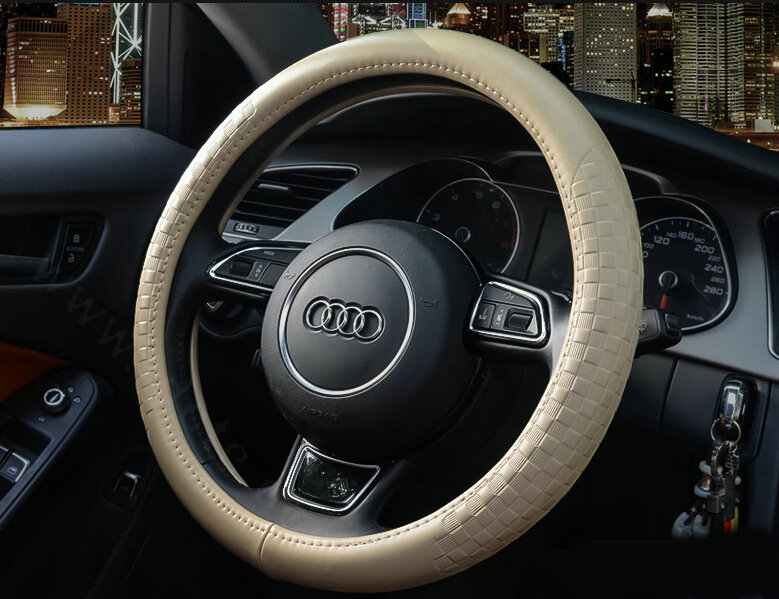 Luxury Car Steering Wheel Wrap Cow Genuine Leather 15 Inch 38CM - Beige