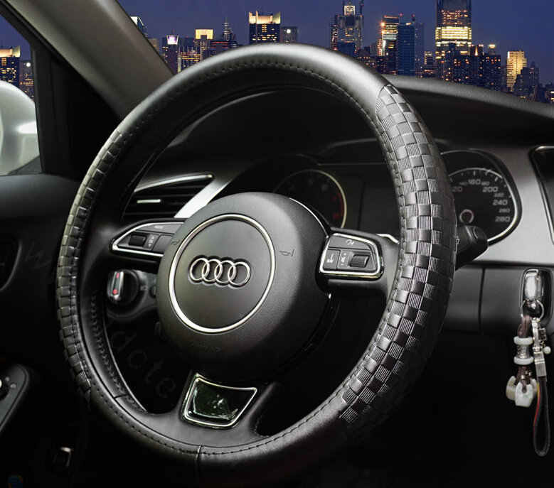 Luxury Car Steering Wheel Wrap Cow Genuine Leather 15 Inch 38CM - Black