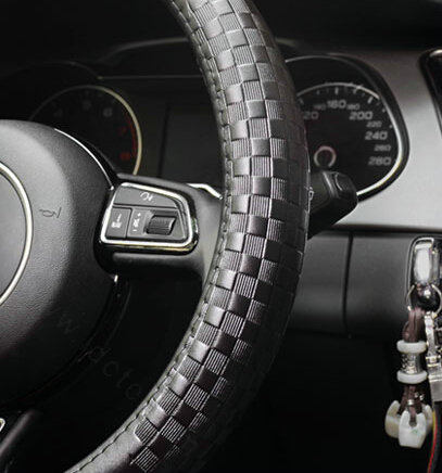 Luxury Car Steering Wheel Wrap Cow Genuine Leather 15 Inch 38CM - Black