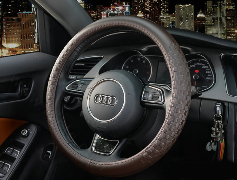 Luxury Car Steering Wheel Wrap Cow Genuine Leather 15 Inch 38CM - Brown