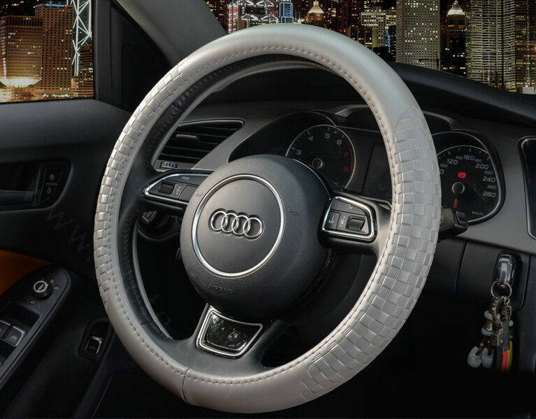 Luxury Car Steering Wheel Wrap Cow Genuine Leather 15 Inch 38CM - Grey