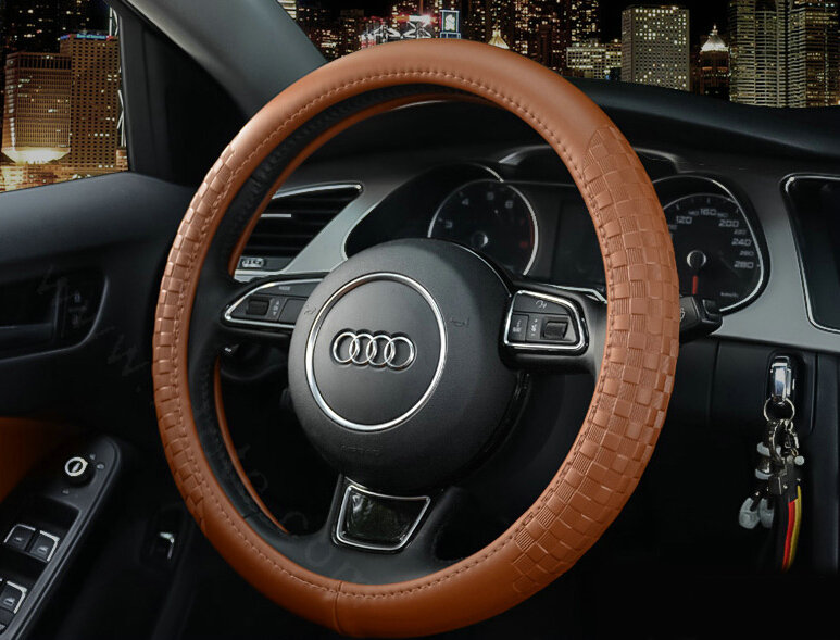 Luxury Car Steering Wheel Wrap Cow Genuine Leather 15 Inch 38CM - Orange