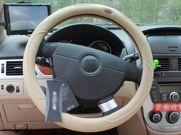 Luxury Car Steering Wheel Wrap Sheepskin Genuine Leather 15 Inch 38CM - Beige