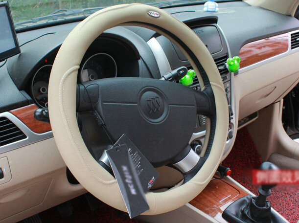 Luxury Car Steering Wheel Wrap Sheepskin Genuine Leather 15 Inch 38CM - Beige