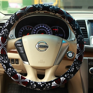 Personalized Flower Auto Steering Wheel Wrap Velvet 14 Inch 36CM - Black Red