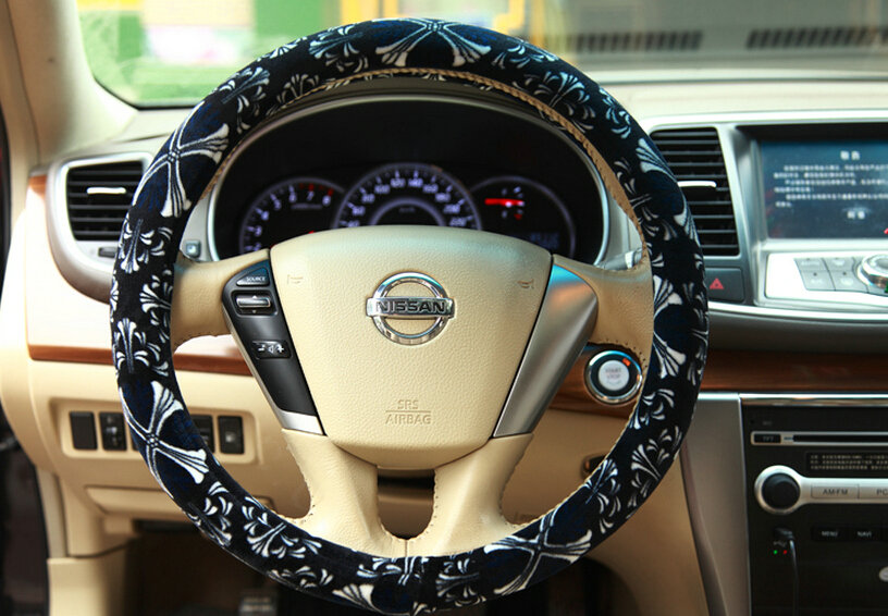 Personalized Flower Auto Steering Wheel Wrap Velvet 14 Inch 36CM - Black