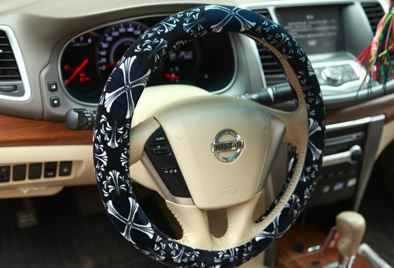 Personalized Flower Auto Steering Wheel Wrap Velvet 14 Inch 36CM - Black
