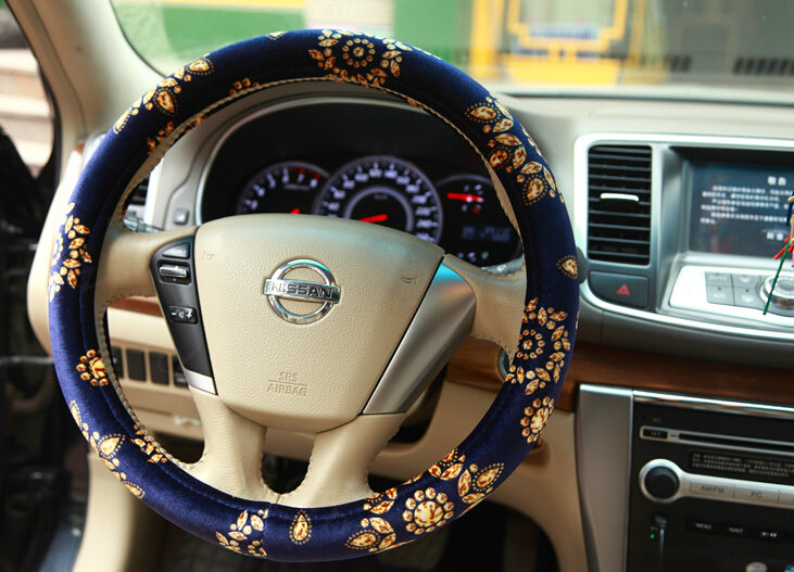 Personalized Flower Auto Steering Wheel Wrap Velvet 14 Inch 36CM - Blue