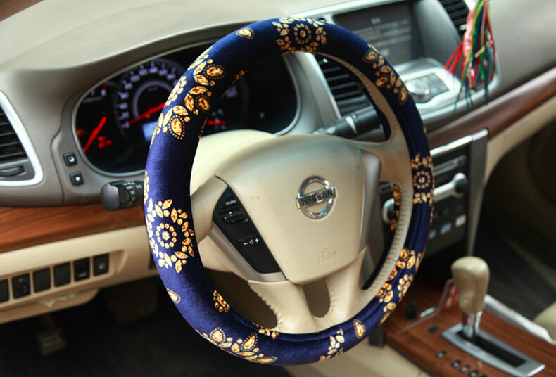 Personalized Flower Auto Steering Wheel Wrap Velvet 14 Inch 36CM - Blue