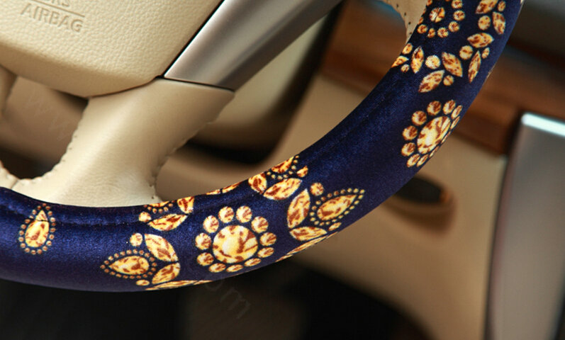 Personalized Flower Auto Steering Wheel Wrap Velvet 14 Inch 36CM - Blue