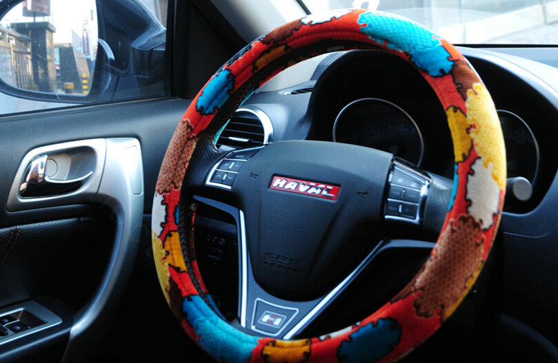 Personalized Flower Auto Steering Wheel Wrap Velvet 14 Inch 36CM - Brown