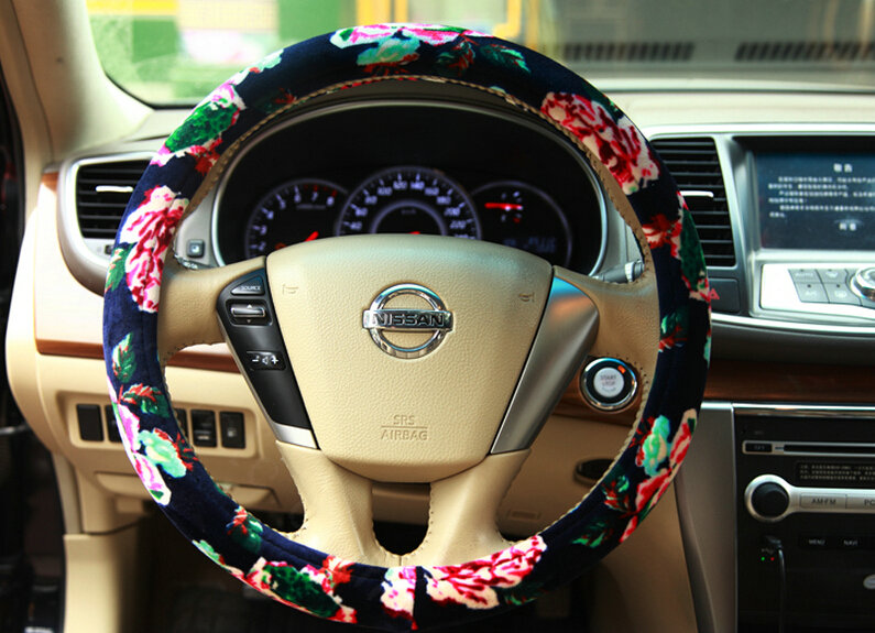 Personalized Flower Auto Steering Wheel Wrap Velvet 14 Inch 36CM - Red